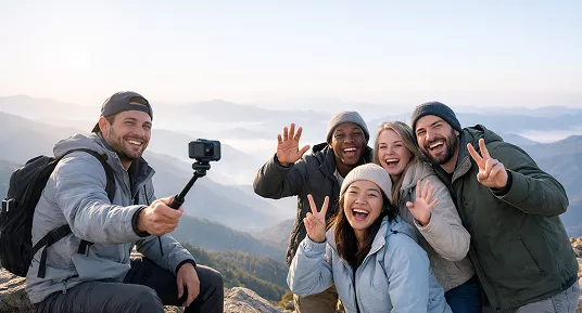A diverse group of five friends smiles and cheers for a selfie on a mountain summit, overlooking a misty valley at sunrise.