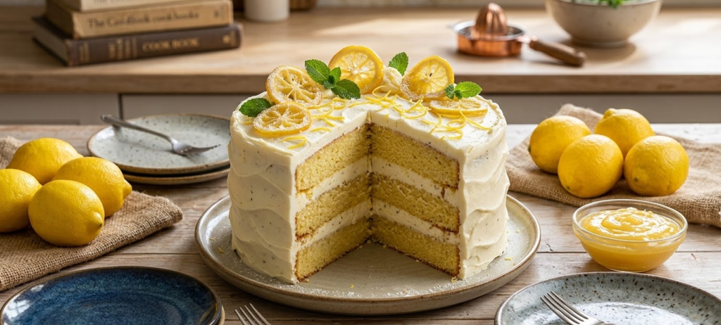 A four-layer lemon cake with white frosting, garnished with fresh lemon slices and mint leaves on a wooden table.