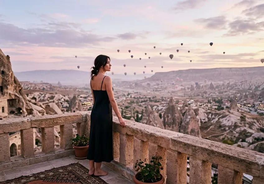 A woman on a balcony watches dozens of hot air balloons floating over the unique rock formations of Cappadocia.