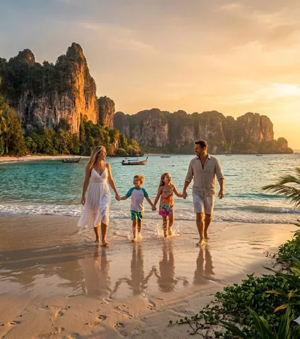 A happy family of four walks hand-in-hand along a tropical beach at sunset, with dramatic limestone cliffs in the backgrou