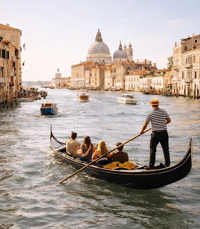 A gondolier in a striped shirt steers a boat with tourists down a Venice canal toward the Santa Maria della Salute basilica at sunset.