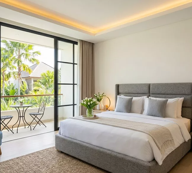 Bright hotel bedroom with a grey upholstered king bed, white tulips on the nightstand, and a balcony overlooking tropical palms.
