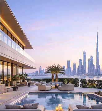 Luxury villa pool terrace overlooking the Dubai skyline at dusk, with the Burj Khalifa visible in the background.