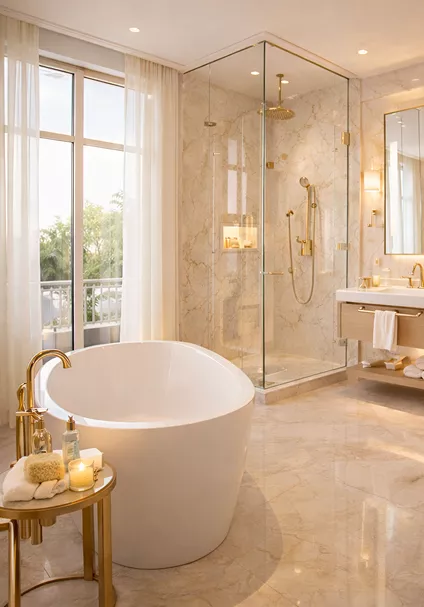 A bright, marble-tiled bathroom featuring a freestanding white soaking tub, a glass-enclosed walk-in shower with gold fixtures, and a large window.