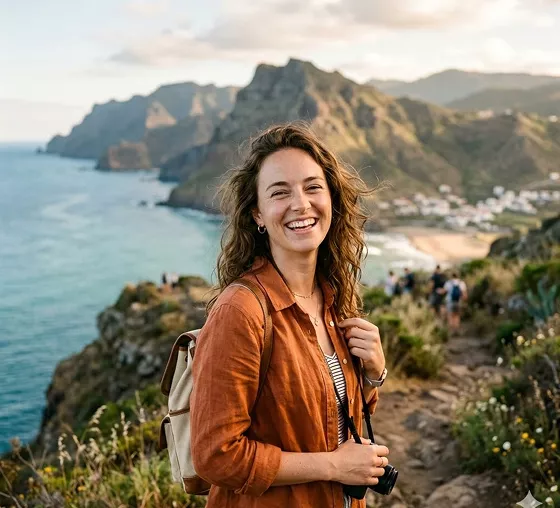  A smiling woman with curly hair stands on a coastal hiking trail, wearing an orange shirt and backpack while holding a camera against a backdrop of rugged mountains and the ocean.